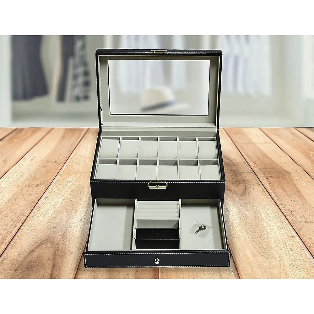 12-Grid Watch Display Case with Velvet Lining & Lock