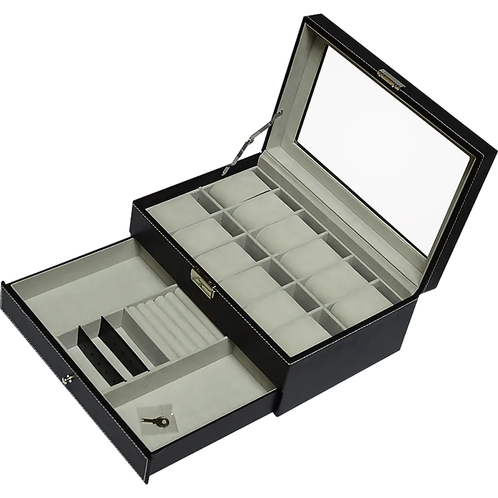 12-Grid Watch Display Case with Velvet Lining & Lock