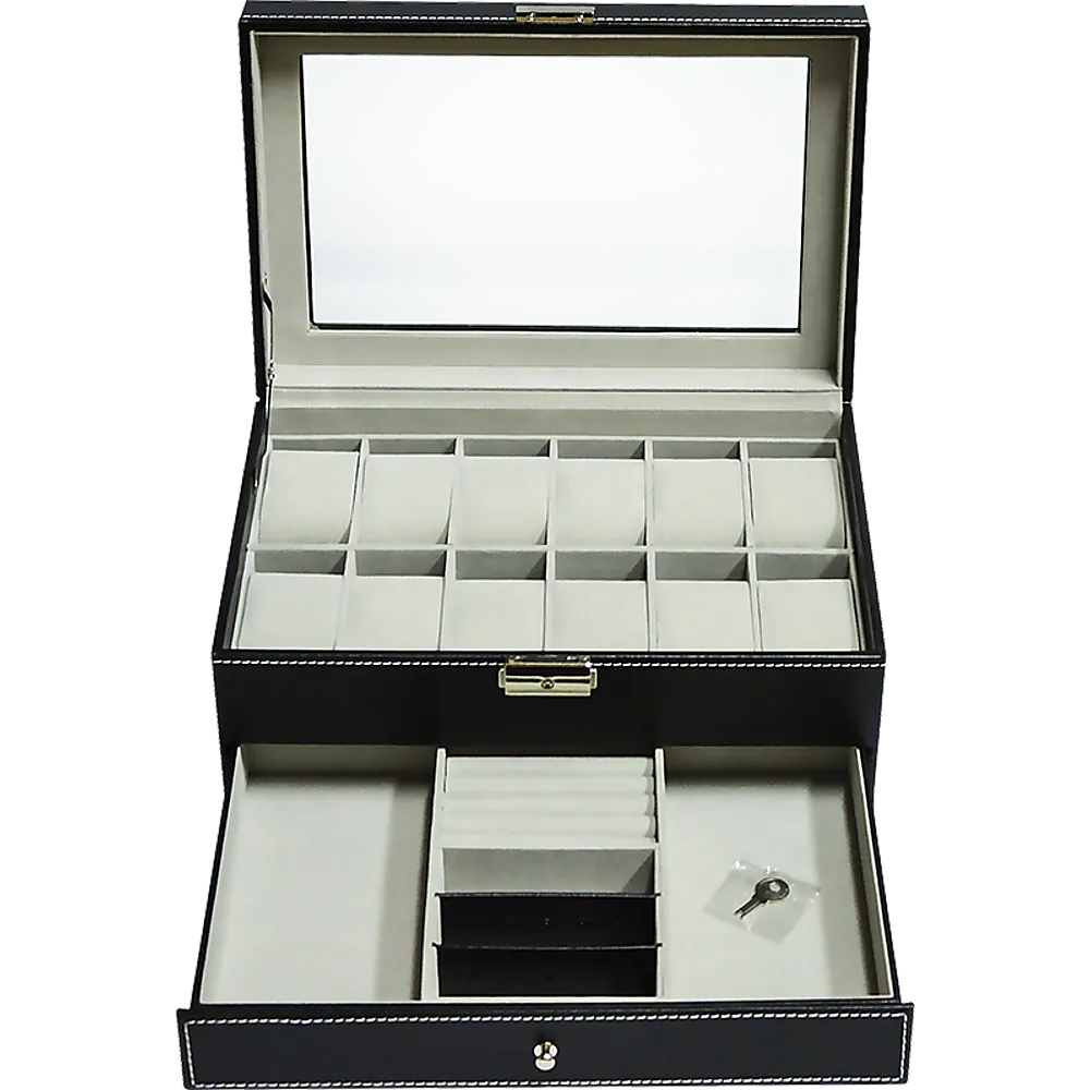 12-Grid Watch Display Case with Velvet Lining & Lock