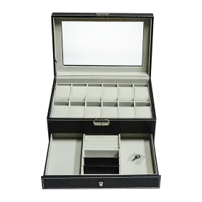 12 Grids Watch Display Case Leather jewellery Storage Box Organiser Lock Key