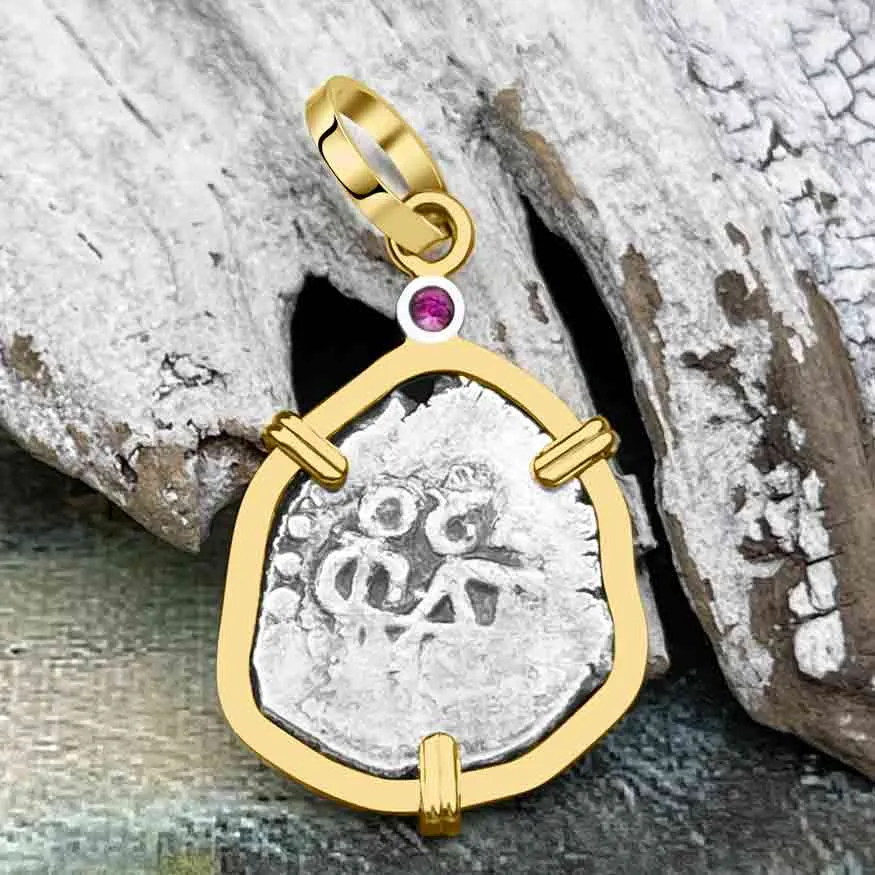 1720 Rimac River Good Luck Spanish 1/2 Reale Cob Piece of 8 14K Gold Pendant with Pink Sapphire | Artifact #8255