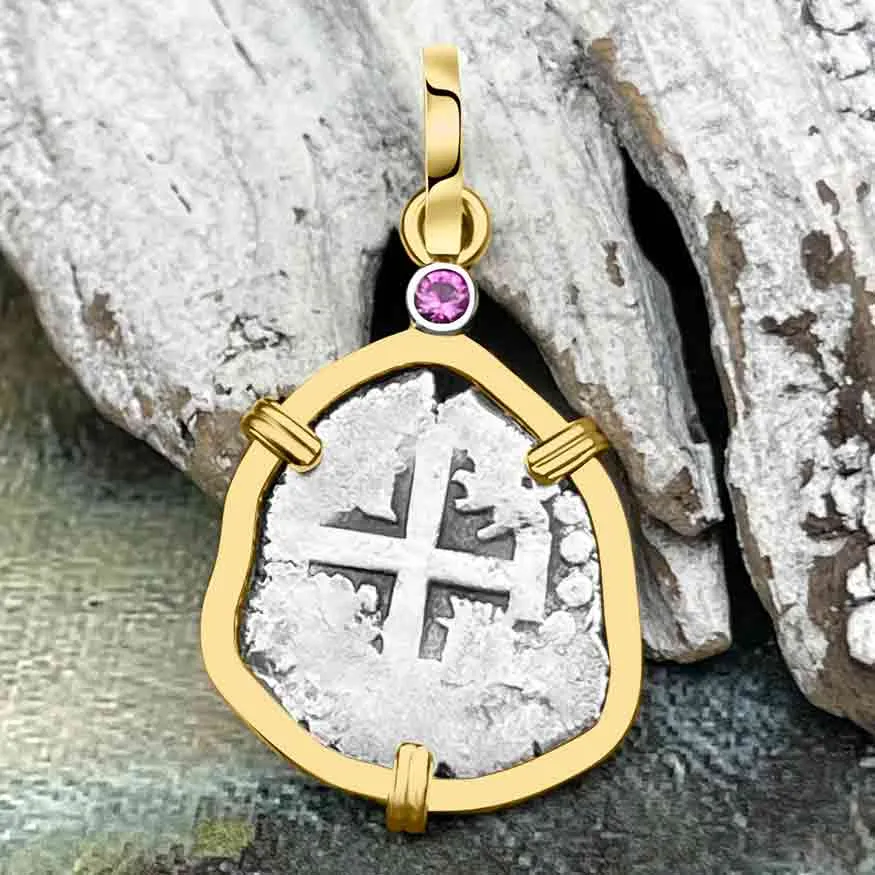 1720 Rimac River Good Luck Spanish 1/2 Reale Cob Piece of 8 14K Gold Pendant with Pink Sapphire | Artifact #8255
