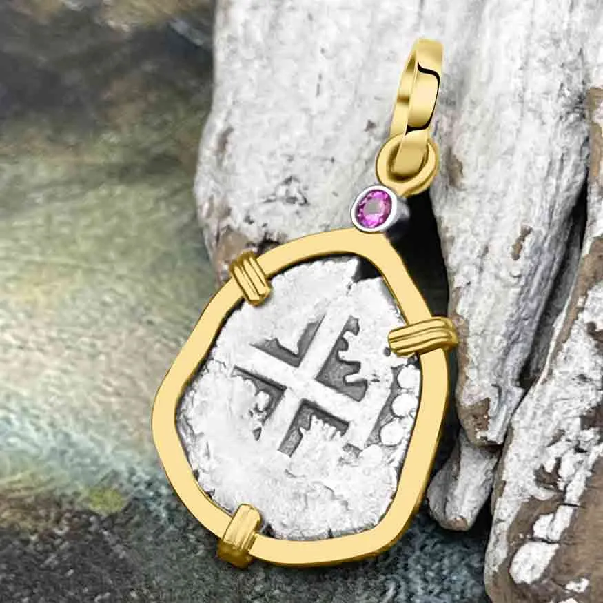 1720 Rimac River Good Luck Spanish 1/2 Reale Cob Piece of 8 14K Gold Pendant with Pink Sapphire | Artifact #8255