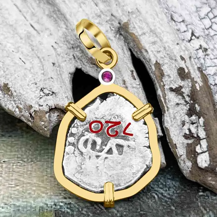 1720 Rimac River Good Luck Spanish 1/2 Reale Cob Piece of 8 14K Gold Pendant with Pink Sapphire | Artifact #8255