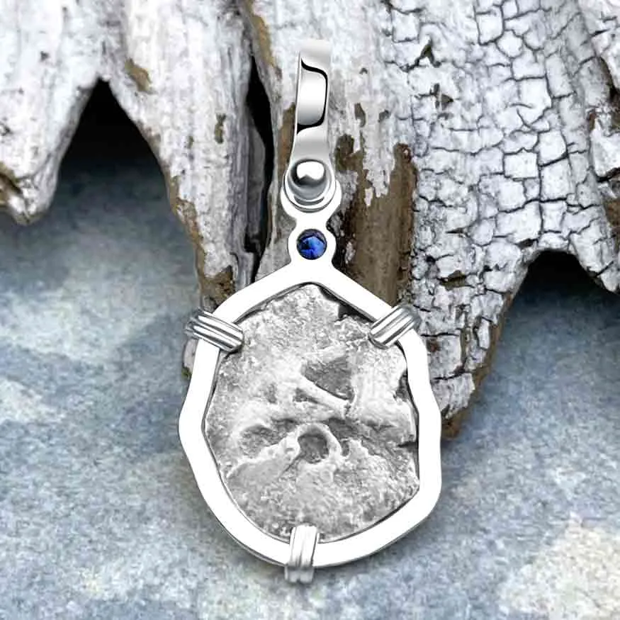 1720s Rimac River Good Luck Spanish 1/2 Reale Cob Piece of 8 Sterling Silver with Blue Sapphire Pendant | Artifact #8240