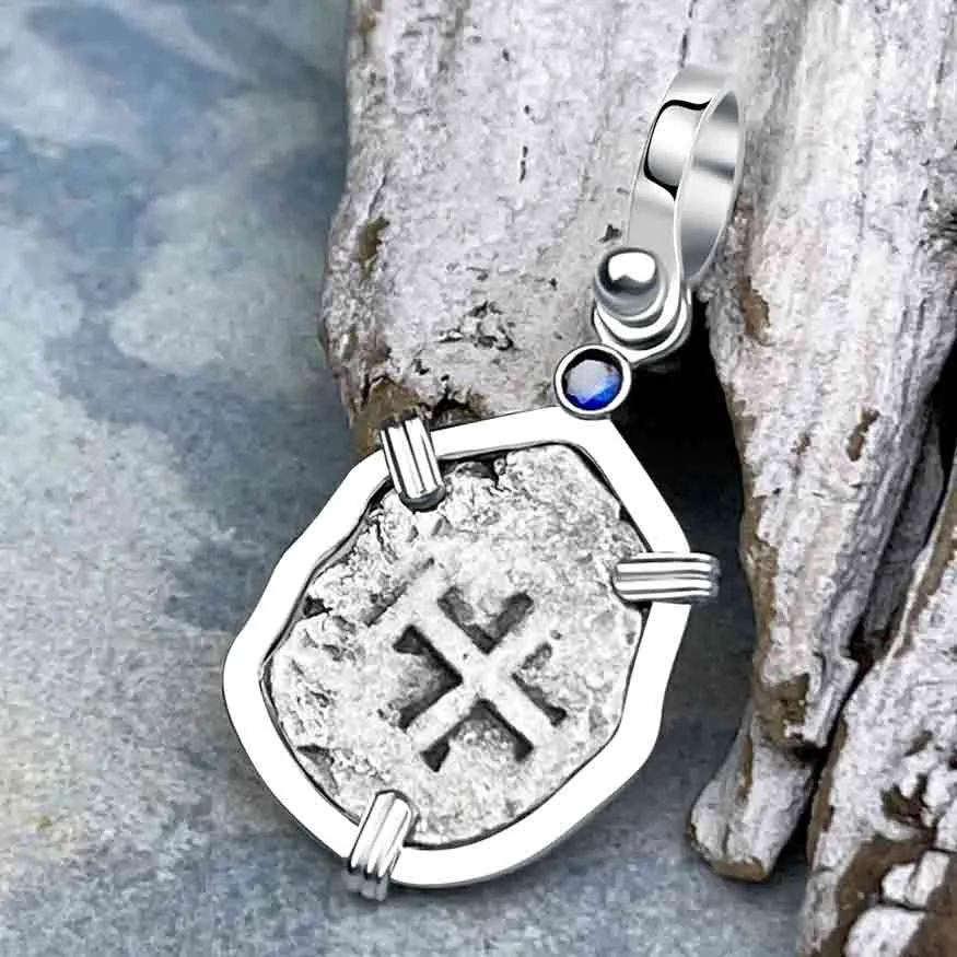1720s Rimac River Good Luck Spanish 1/2 Reale Cob Piece of 8 Sterling Silver with Blue Sapphire Pendant | Artifact #8240