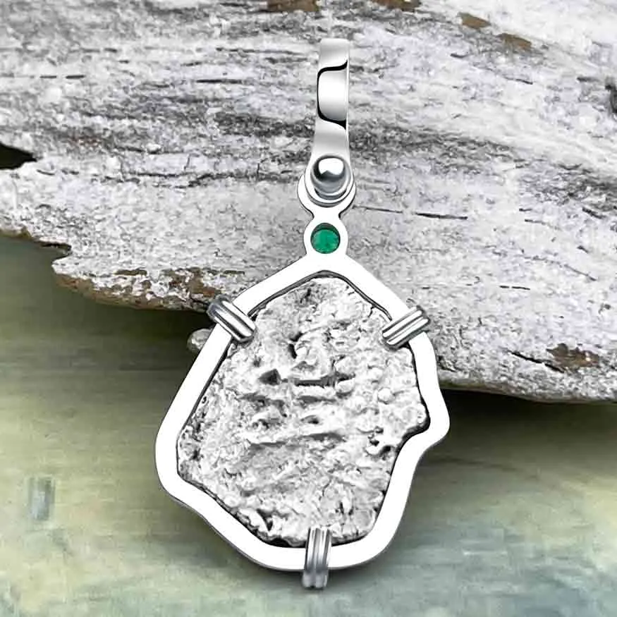 1720s Rimac River Good Luck Spanish 1/2 Reale Cob Piece of 8 Sterling Silver with Emerald Pendant | Artifact #8242