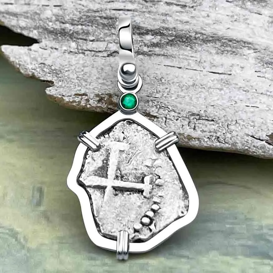 1720s Rimac River Good Luck Spanish 1/2 Reale Cob Piece of 8 Sterling Silver with Emerald Pendant | Artifact #8242