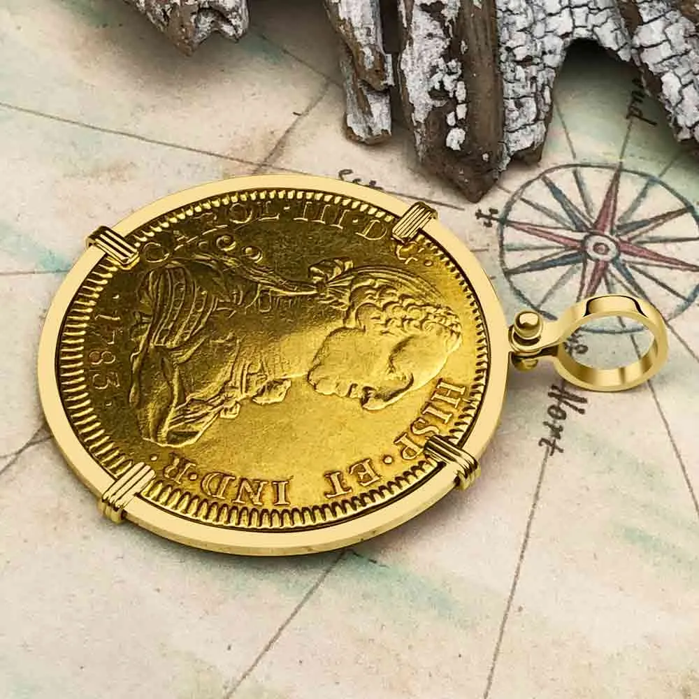1783 Spanish 22K Gold 8 Escudo Portrait Coin - the Legendary Doubloon - 18K Gold Pendant | Artifact #3359
