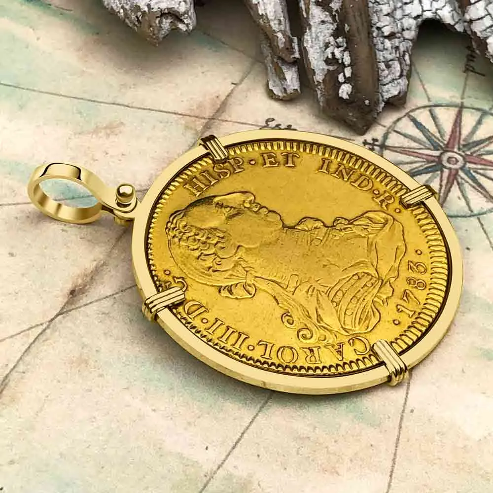 1783 Spanish 22K Gold 8 Escudo Portrait Coin - the Legendary Doubloon - 18K Gold Pendant | Artifact #3359
