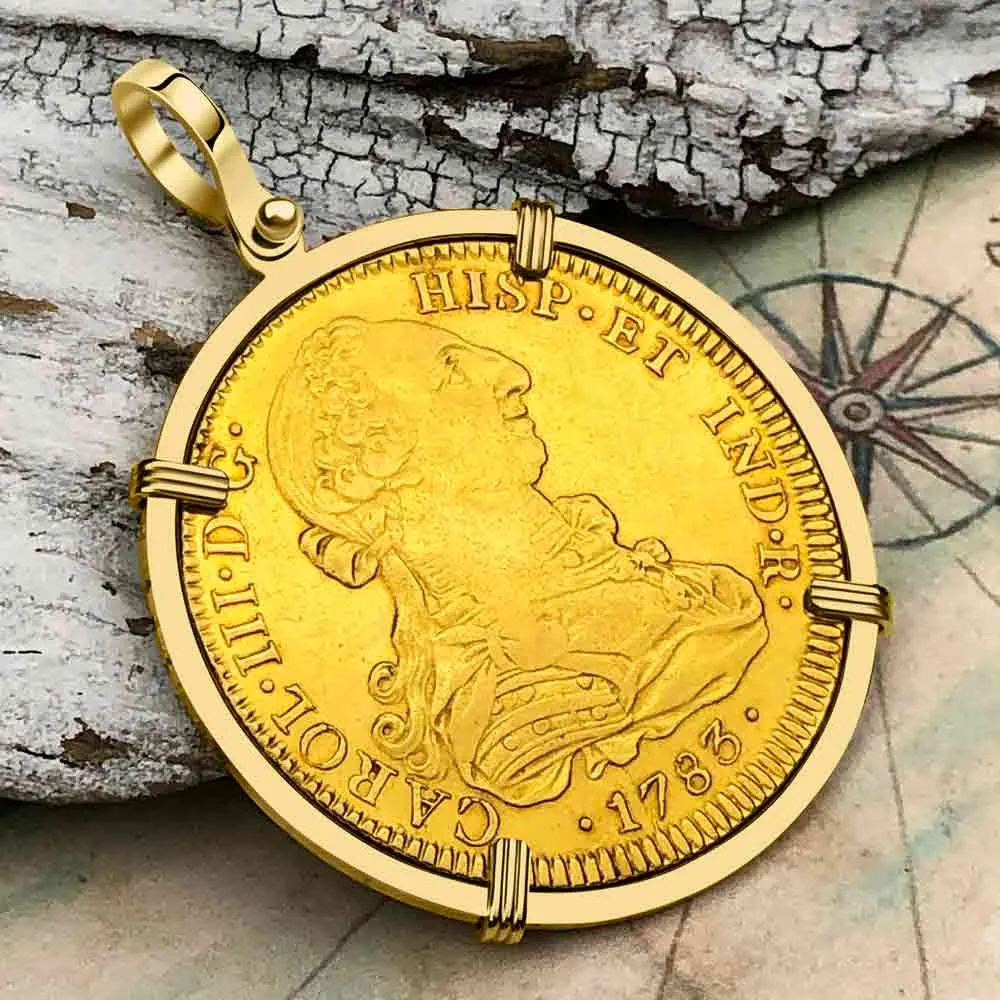 1783 Spanish 22K Gold 8 Escudo Portrait Coin - the Legendary Doubloon - 18K Gold Pendant | Artifact #3359