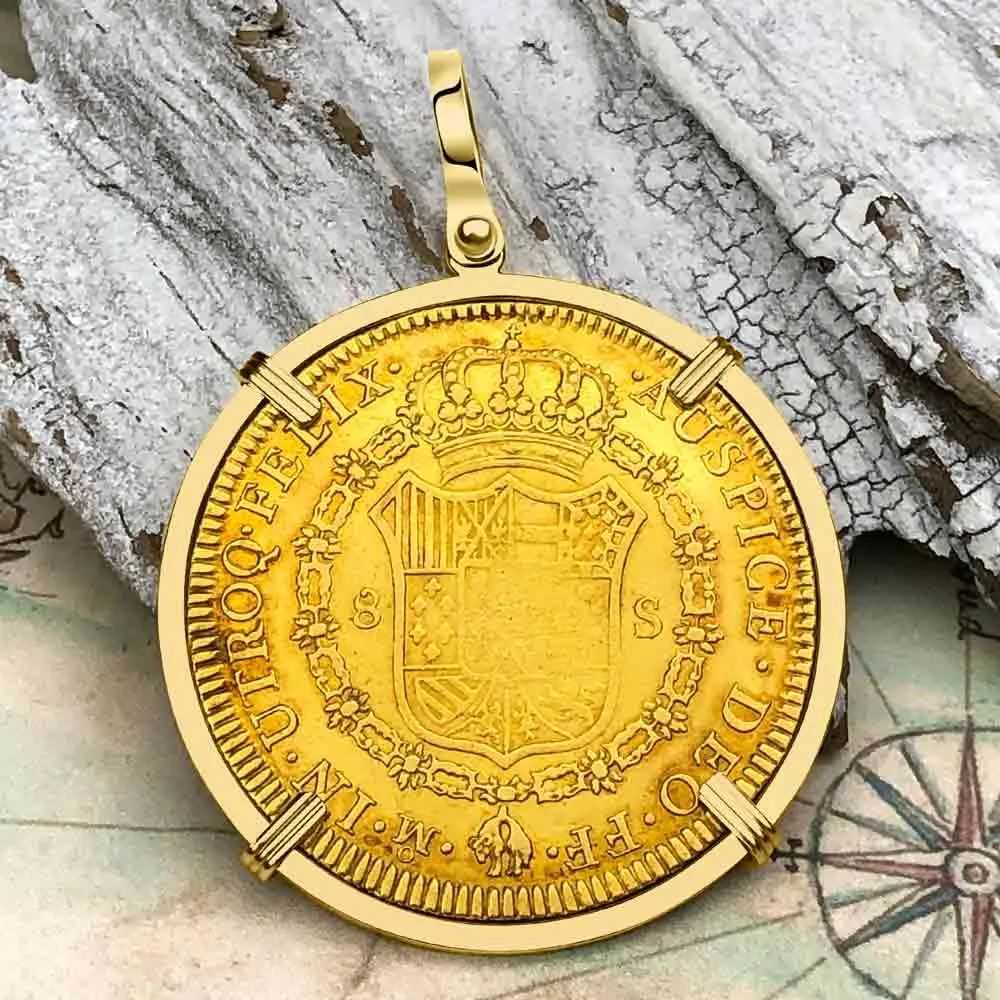 1783 Spanish 22K Gold 8 Escudo Portrait Coin - the Legendary Doubloon - 18K Gold Pendant | Artifact #3359