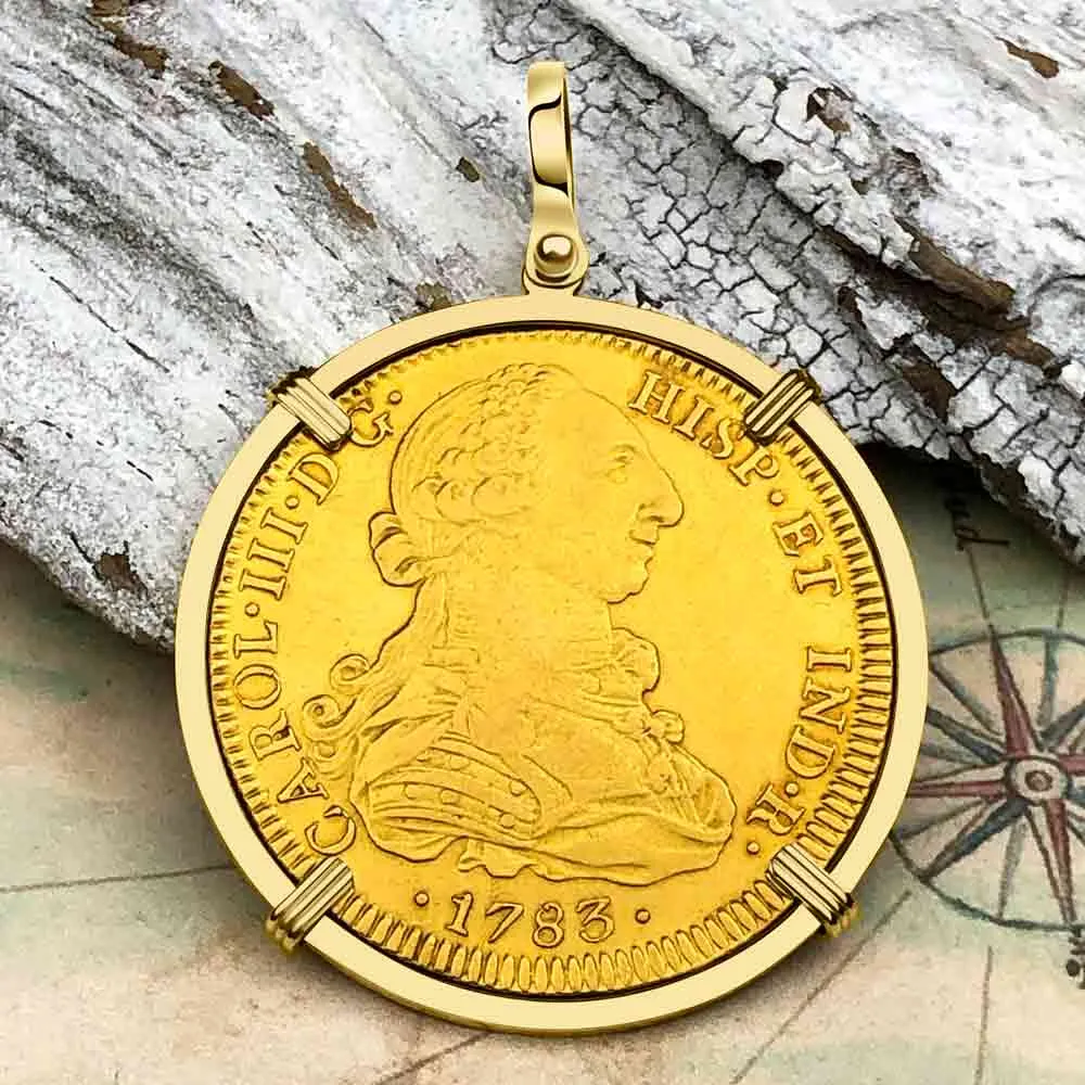 1783 Spanish 22K Gold 8 Escudo Portrait Coin - the Legendary Doubloon - 18K Gold Pendant | Artifact #3359