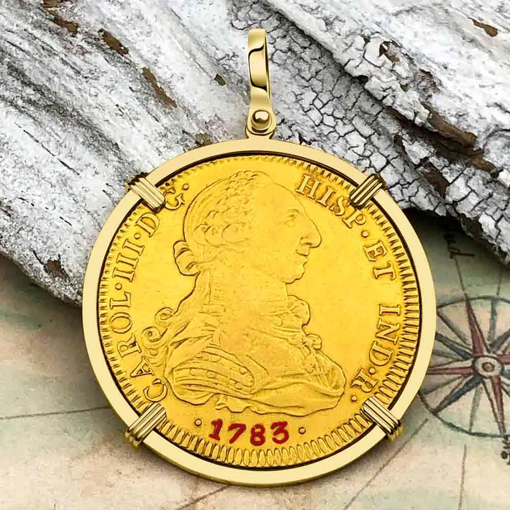 1783 Spanish 22K Gold 8 Escudo Portrait Coin - the Legendary Doubloon - 18K Gold Pendant | Artifact #3359