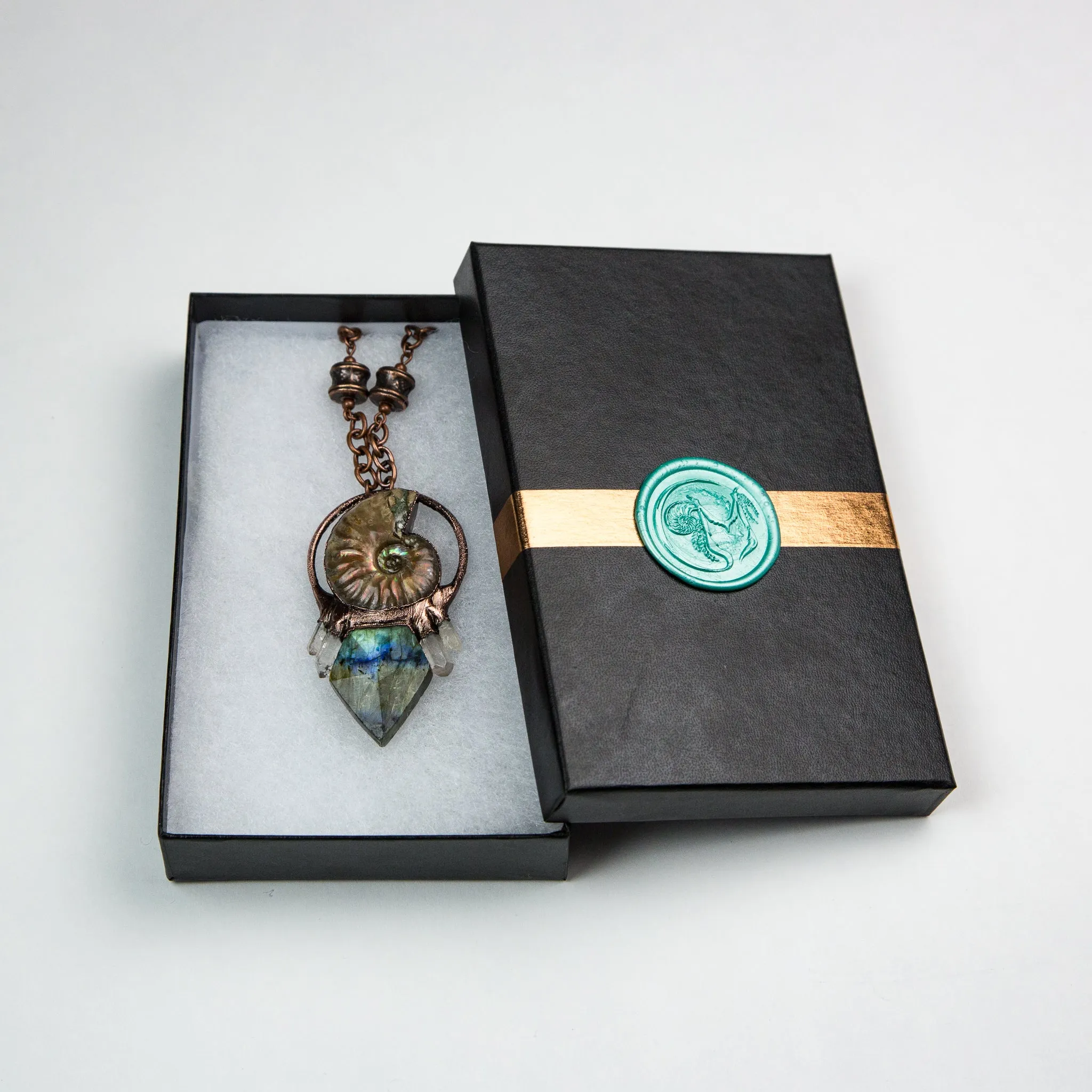 Ammonite Pendant with Faceted Labradorite and Quartz Crystals