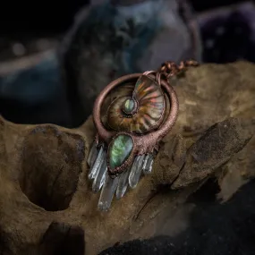 Ammonite Pendant with Labradorite and Quartz Crystals