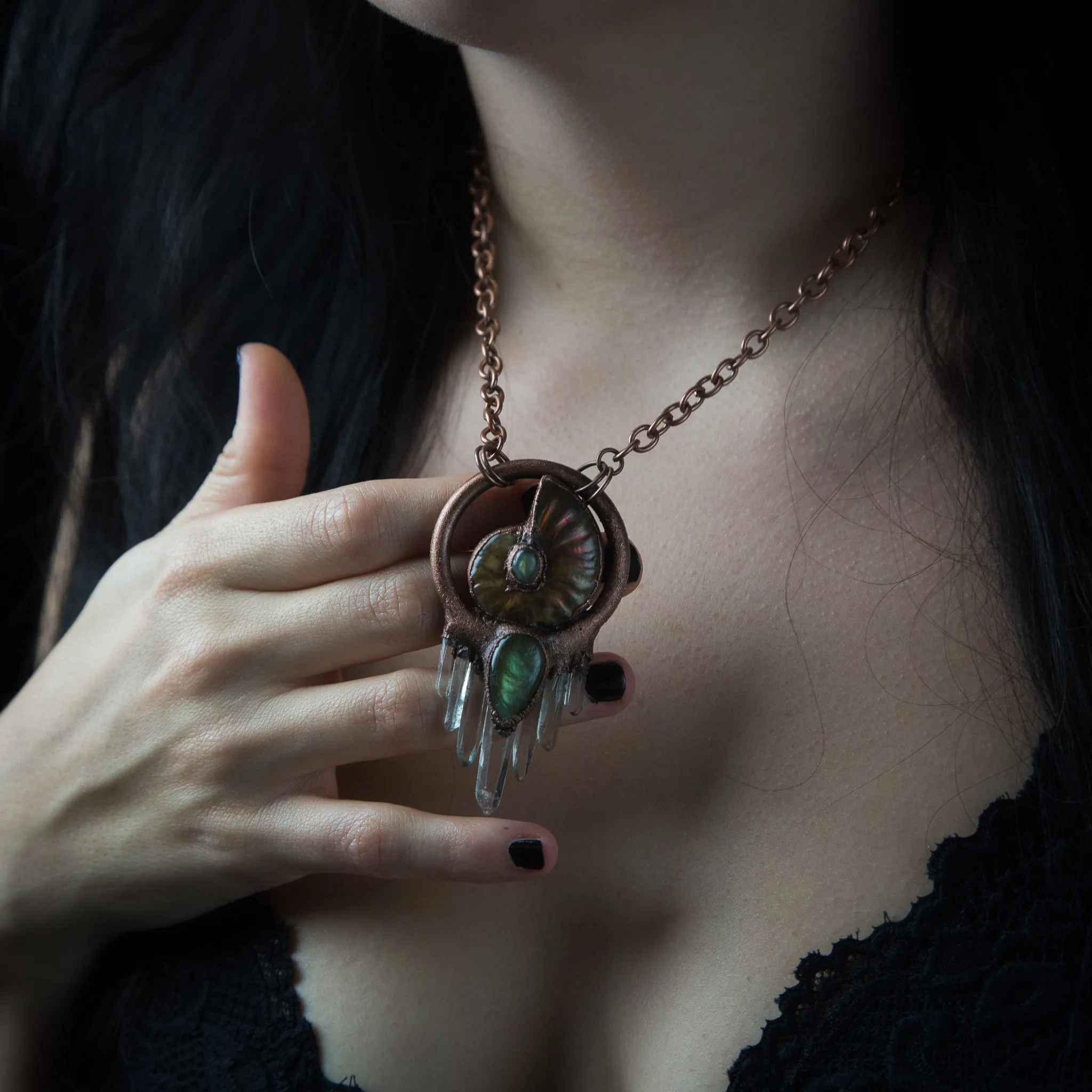 Ammonite Pendant with Labradorite and Quartz Crystals