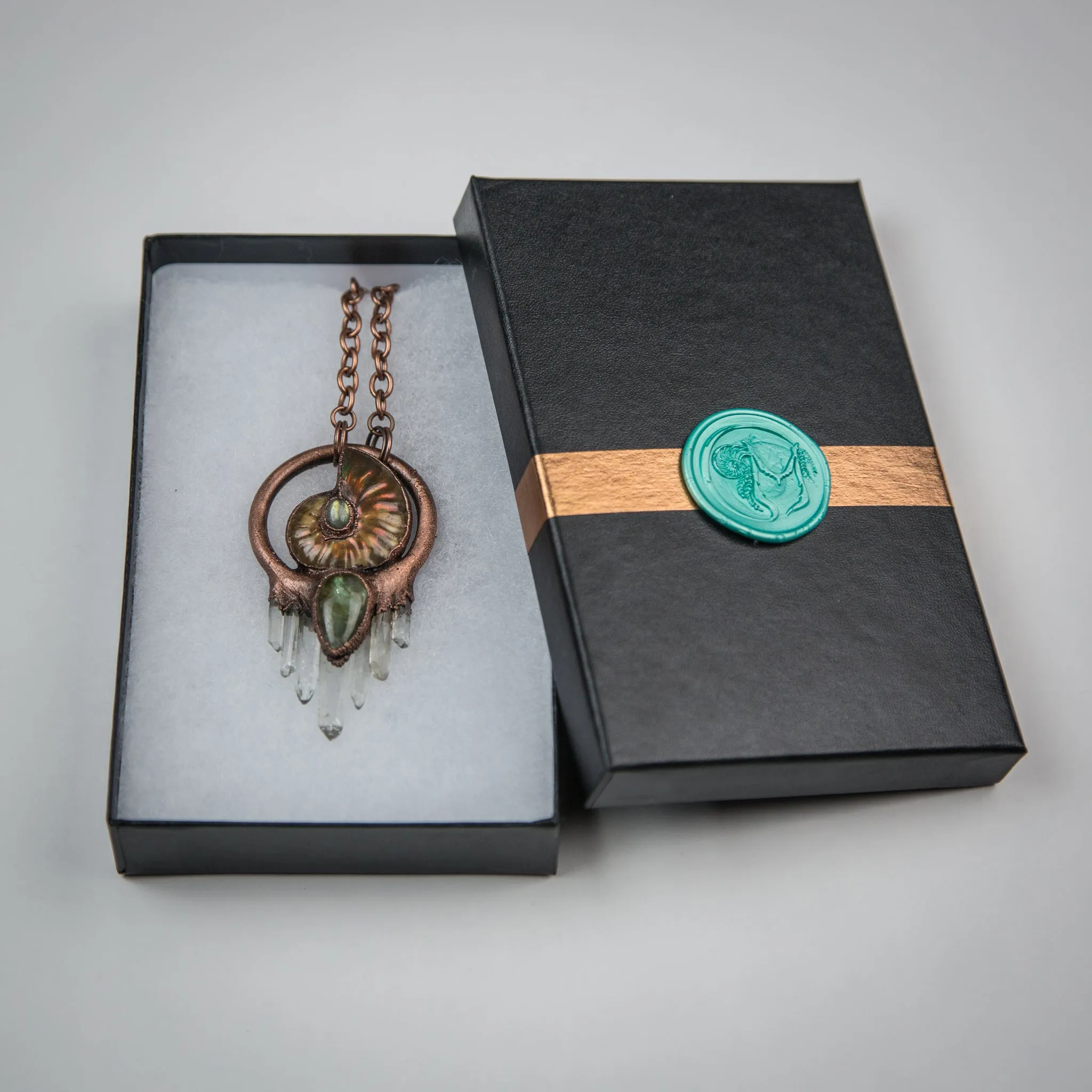 Ammonite Pendant with Labradorite and Quartz Crystals