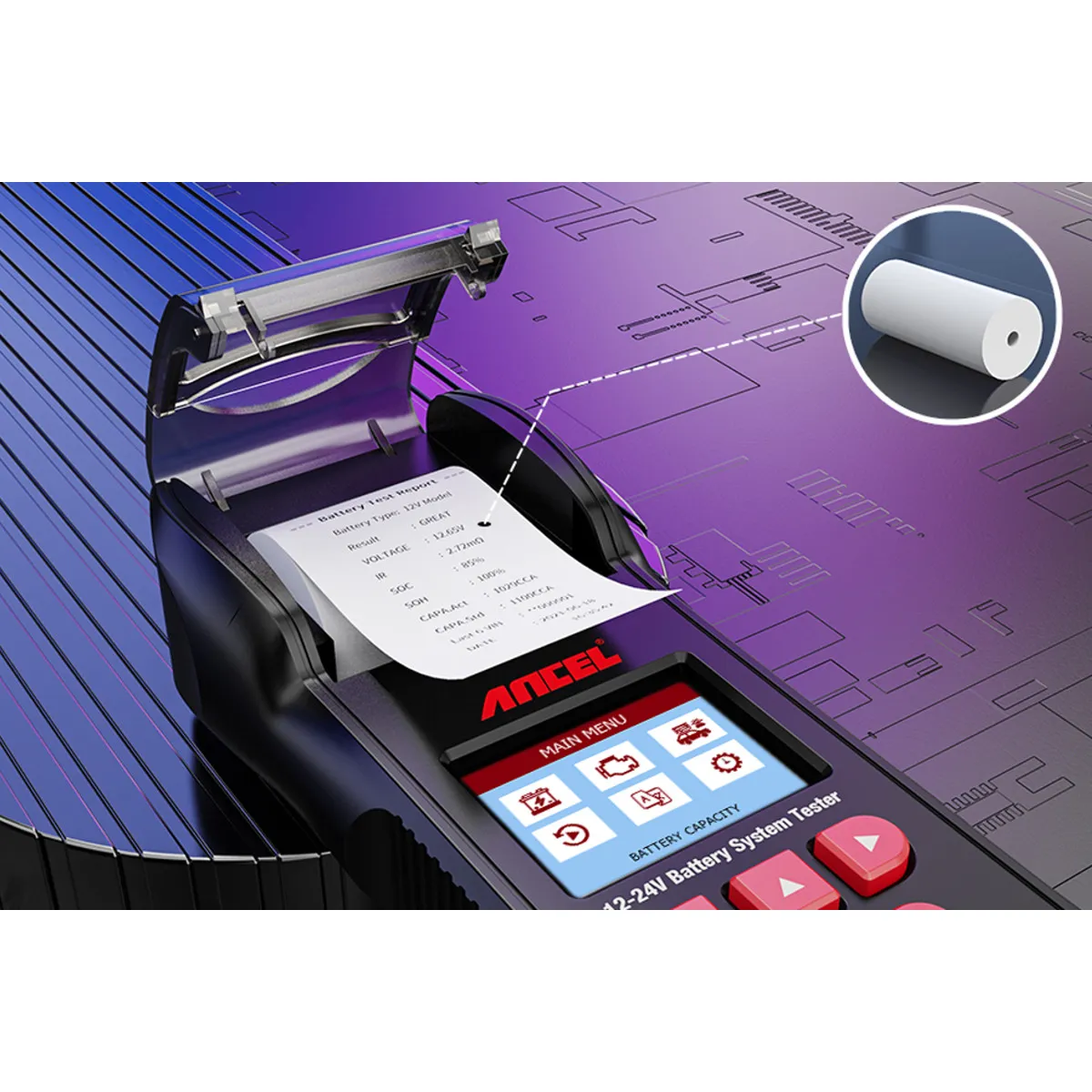 ANCEL BST600 12V/24V 100-2000 CCA Automotive Battery Temperature Load Tester Car Cranking Charging System Analyzer Scan Tool with Printer for Trucks Cars Motorcycles