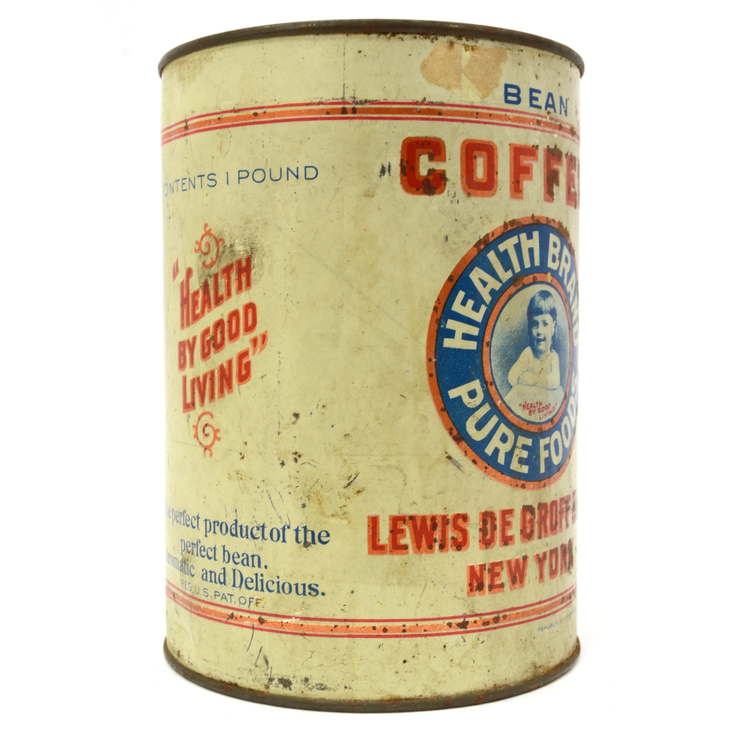 Antique HEALTH BRAND PURE FOODS "BEAN" COFFEE TIN Very Rare! LEWIS DeGROFF & SON