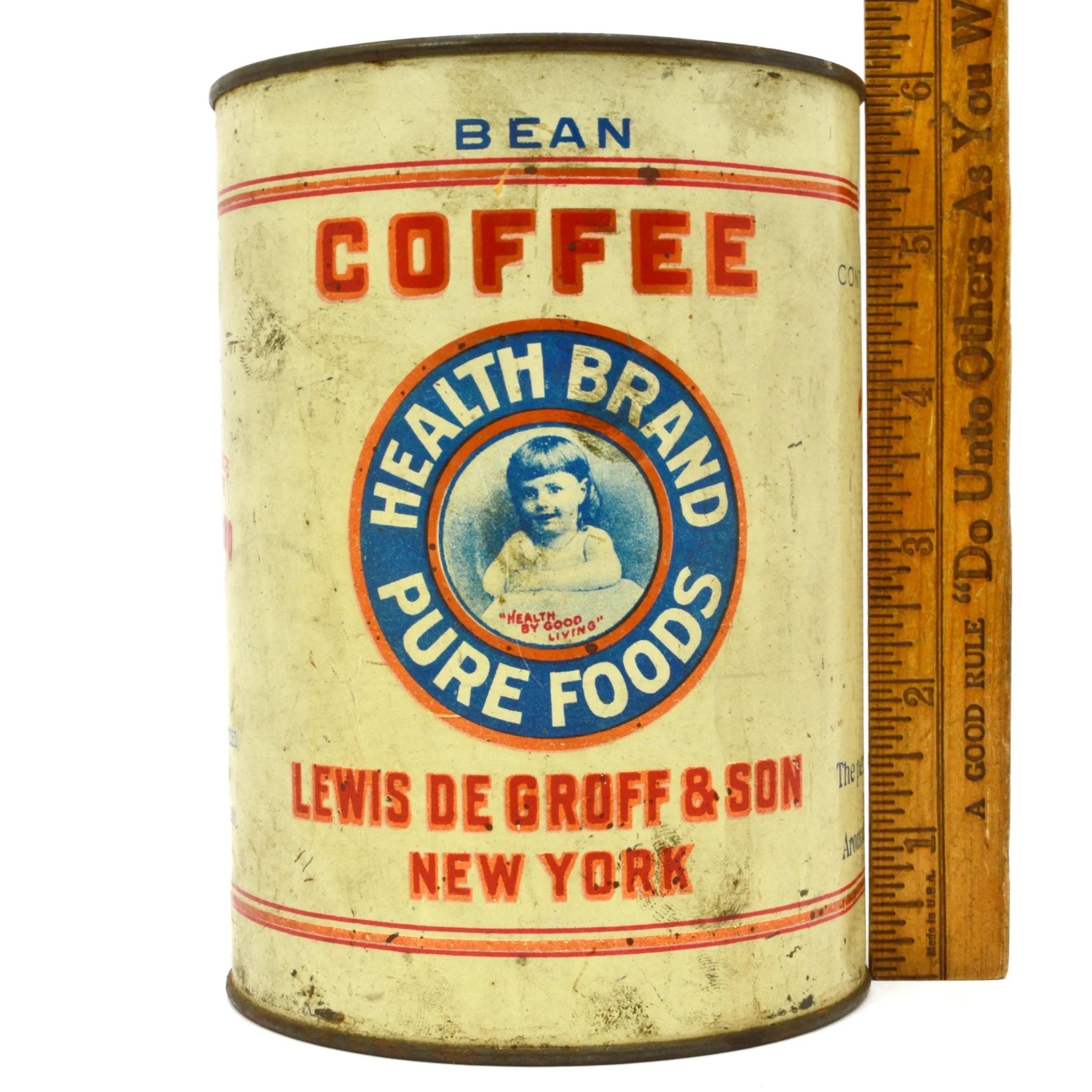 Antique HEALTH BRAND PURE FOODS "BEAN" COFFEE TIN Very Rare! LEWIS DeGROFF & SON