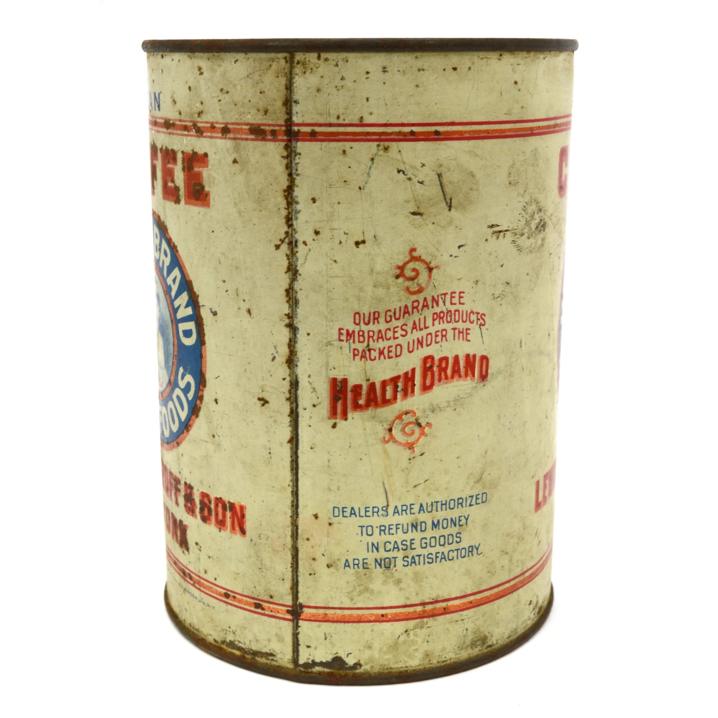 Antique HEALTH BRAND PURE FOODS "BEAN" COFFEE TIN Very Rare! LEWIS DeGROFF & SON