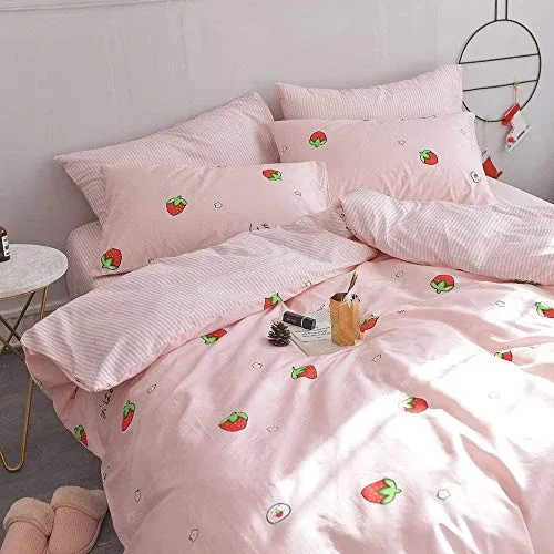 AOJIM Pure Cotton Duvet Cover Set for Kids Adults, Children Cute Soft Comforter Cover Set with Small Strawberries, Reversible Girls Quilt Cover Set 3pcs Best Bedding Gifts Queen Size, No Comforter