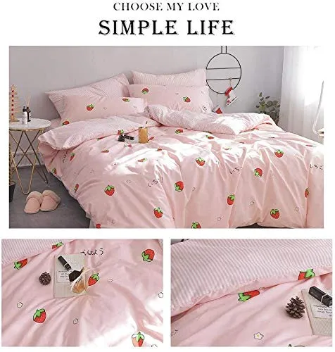 AOJIM Pure Cotton Duvet Cover Set for Kids Adults, Children Cute Soft Comforter Cover Set with Small Strawberries, Reversible Girls Quilt Cover Set 3pcs Best Bedding Gifts Queen Size, No Comforter