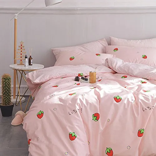 AOJIM Pure Cotton Duvet Cover Set for Kids Adults, Children Cute Soft Comforter Cover Set with Small Strawberries, Reversible Girls Quilt Cover Set 3pcs Best Bedding Gifts Queen Size, No Comforter