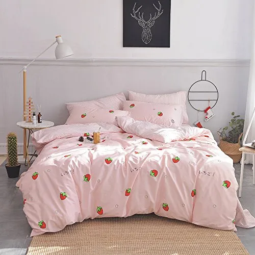 AOJIM Pure Cotton Duvet Cover Set for Kids Adults, Children Cute Soft Comforter Cover Set with Small Strawberries, Reversible Girls Quilt Cover Set 3pcs Best Bedding Gifts Queen Size, No Comforter