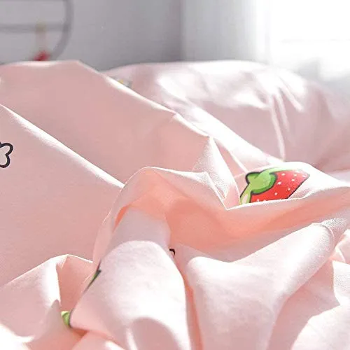 AOJIM Pure Cotton Duvet Cover Set for Kids Adults, Children Cute Soft Comforter Cover Set with Small Strawberries, Reversible Girls Quilt Cover Set 3pcs Best Bedding Gifts Queen Size, No Comforter