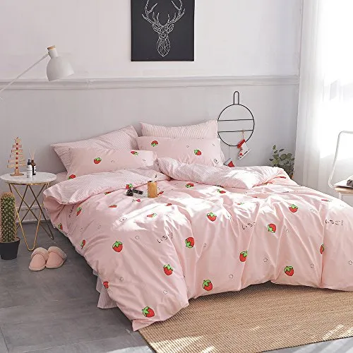 AOJIM Pure Cotton Duvet Cover Set for Kids Adults, Children Cute Soft Comforter Cover Set with Small Strawberries, Reversible Girls Quilt Cover Set 3pcs Best Bedding Gifts Queen Size, No Comforter