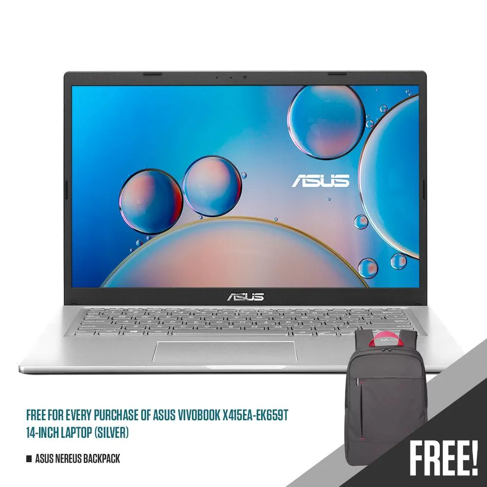 ASUS VIVOBOOK X415EA-EK659T LAPTOP (SILVER) | 14" FHD | i3-1115G4 | 4GB DDR4 | 128GB   1TB HDD | Intel® UHD | WIN10   ASUS NEREUS BACKPACK/BK/