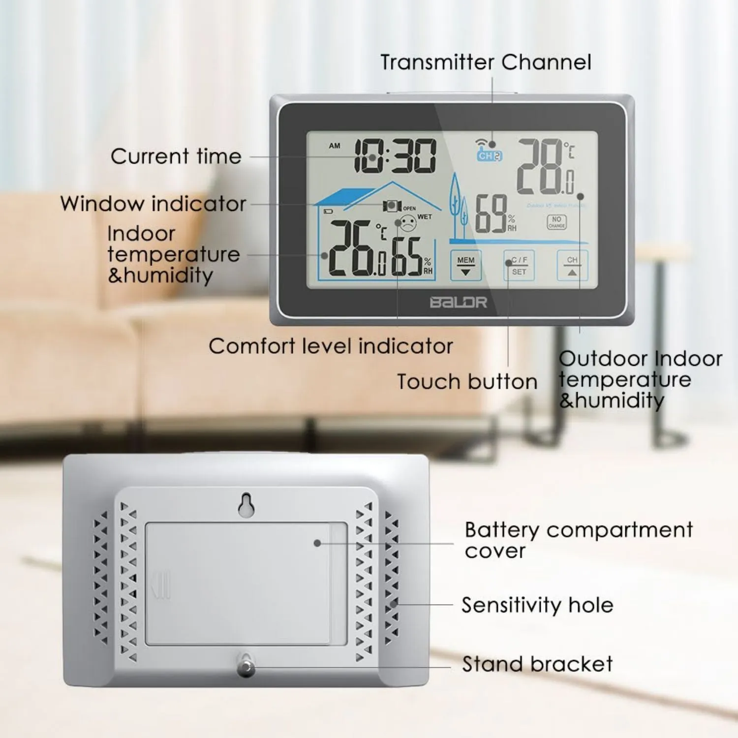 BALDR Indoor/Outdoor Wireless Touchscreen Thermometer