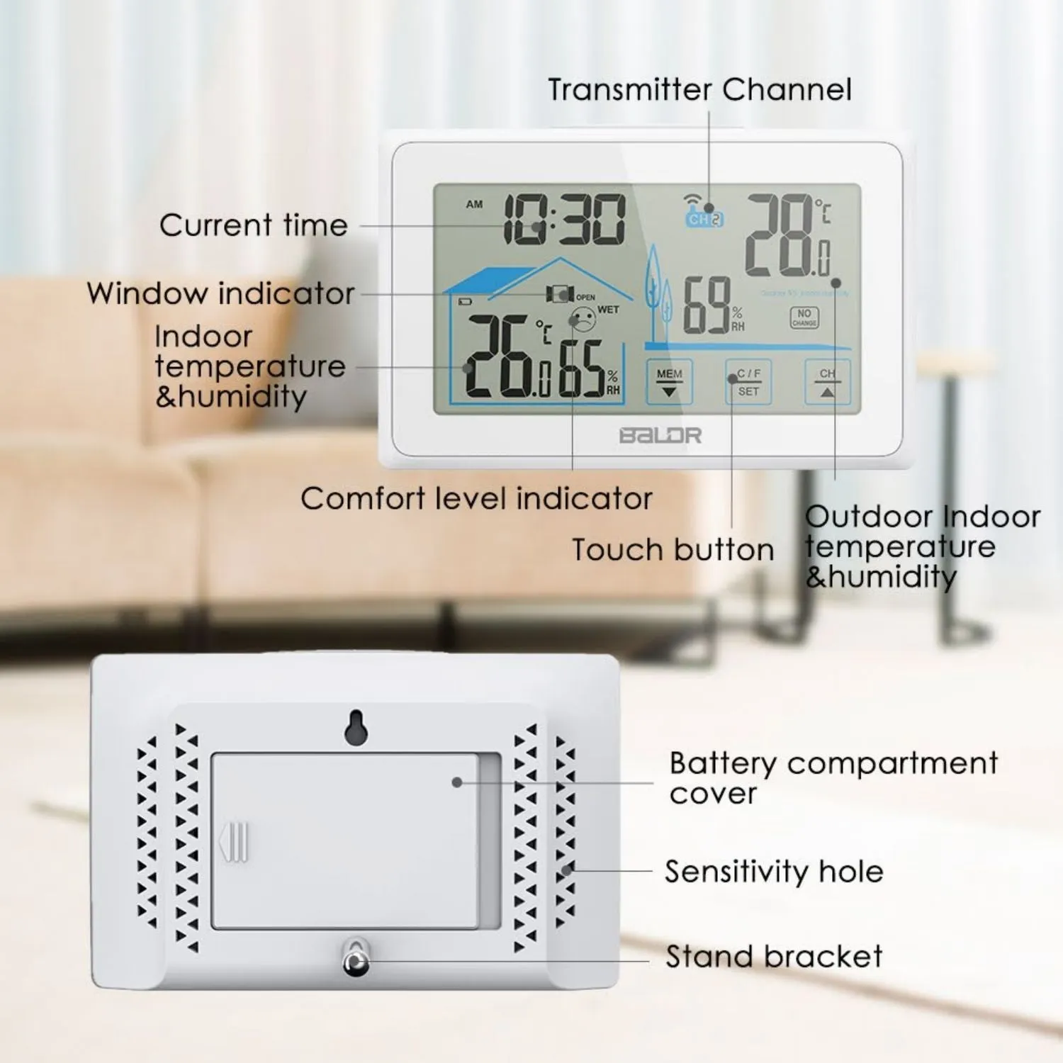 BALDR Indoor/Outdoor Wireless Touchscreen Thermometer