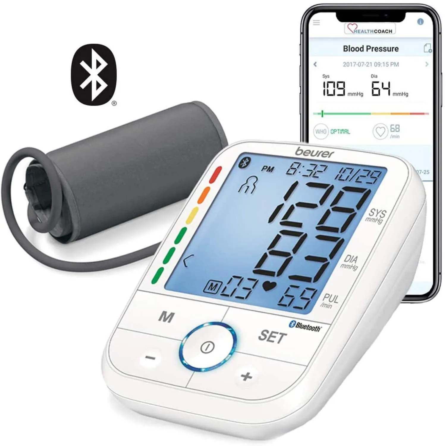Beurer BM67 Upper Arm Blood Pressure Monitor, Large Cuff, Automatic & Digital, XL LCD Display, Bluetooth with App, Home Use BP Machine Kit | Patented Technology, White BM67 - Bluetooth   Backlit Display