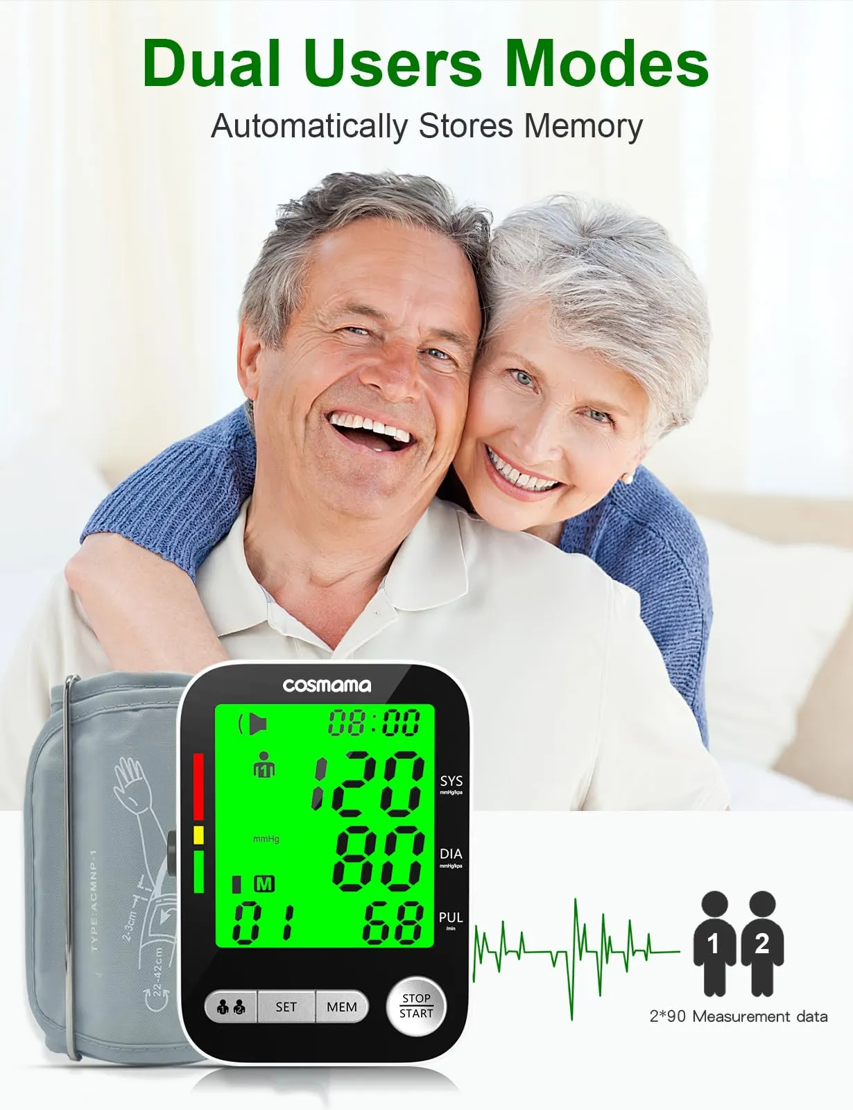 Blood Pressure Monitor, Automatic Arm Blood Pressure Monitors for Home Use, Rechargeable Blood Pressure Machine with Large Display BP Cuff(8.6"-16.5"), 2 User Mode BP Monitor with Storage Bag