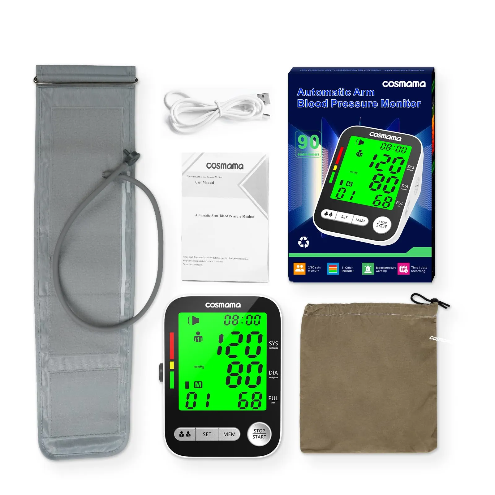 Blood Pressure Monitor, Automatic Arm Blood Pressure Monitors for Home Use, Rechargeable Blood Pressure Machine with Large Display BP Cuff(8.6"-16.5"), 2 User Mode BP Monitor with Storage Bag