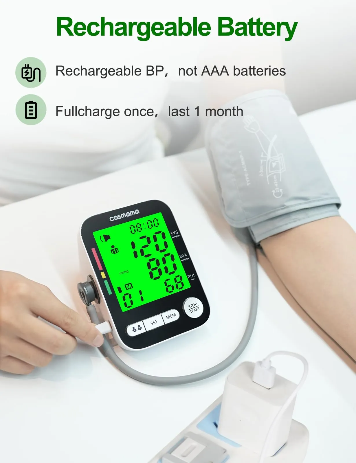 Blood Pressure Monitor, Automatic Arm Blood Pressure Monitors for Home Use, Rechargeable Blood Pressure Machine with Large Display BP Cuff(8.6"-16.5"), 2 User Mode BP Monitor with Storage Bag