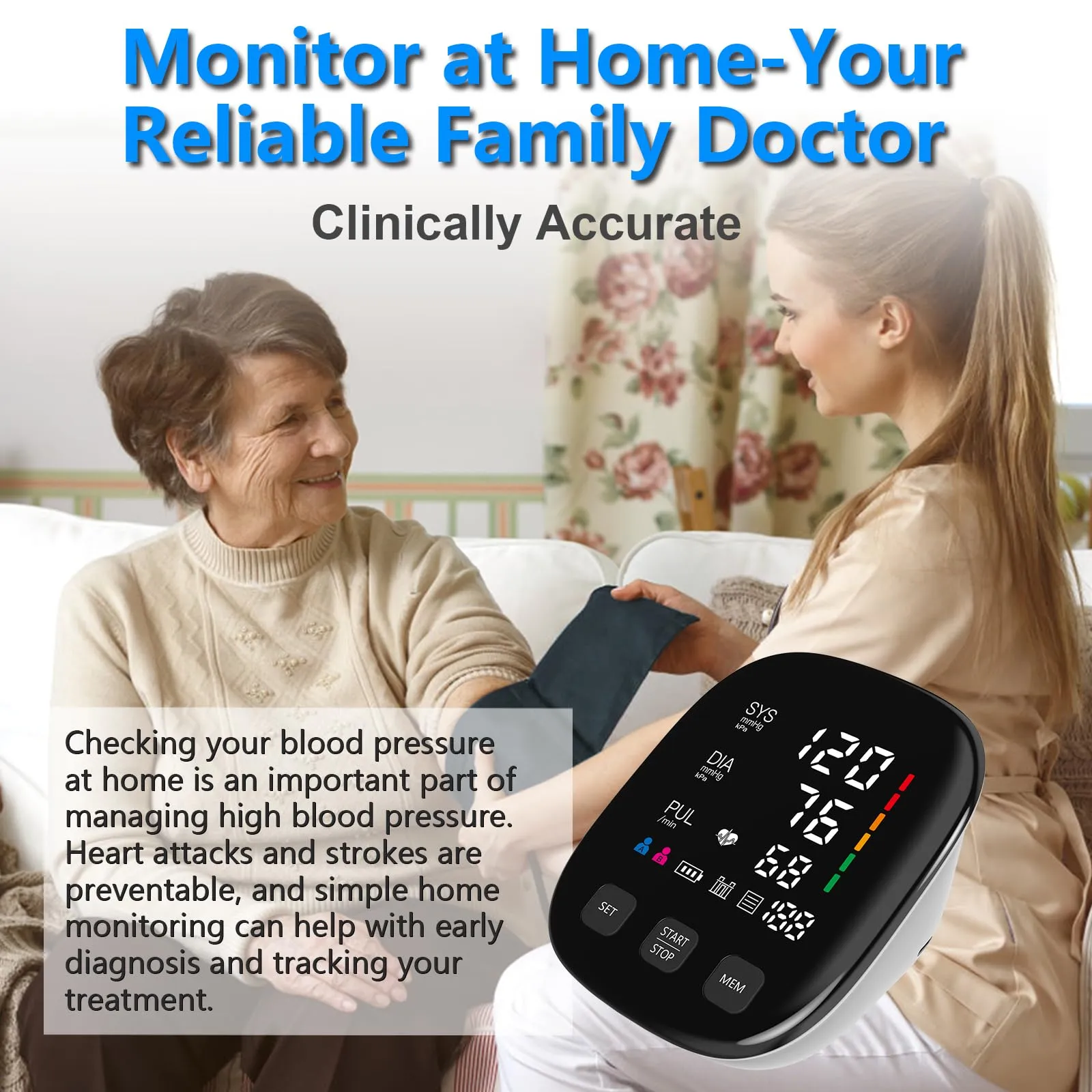 Blood Pressure Monitor, Automatic Upper Arm Blood Pressure Monitors for Home Use with Digital LED Display, Adjustable Blood Pressure Cuff 9-17'' with 2×199 Sets Memory (White) White