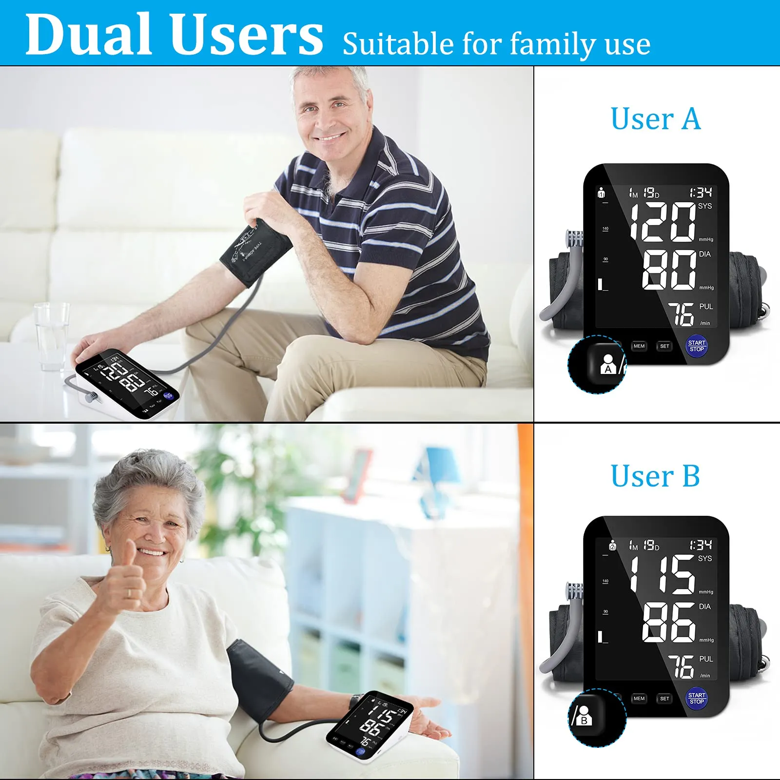 Blood Pressure Monitor Upper Arm, Heinstian Automatic Digital Bp Cuff Machine with Large LCD Screen, 2 Users & 3 Months Data Storage, Includes 4* AAA Batteries