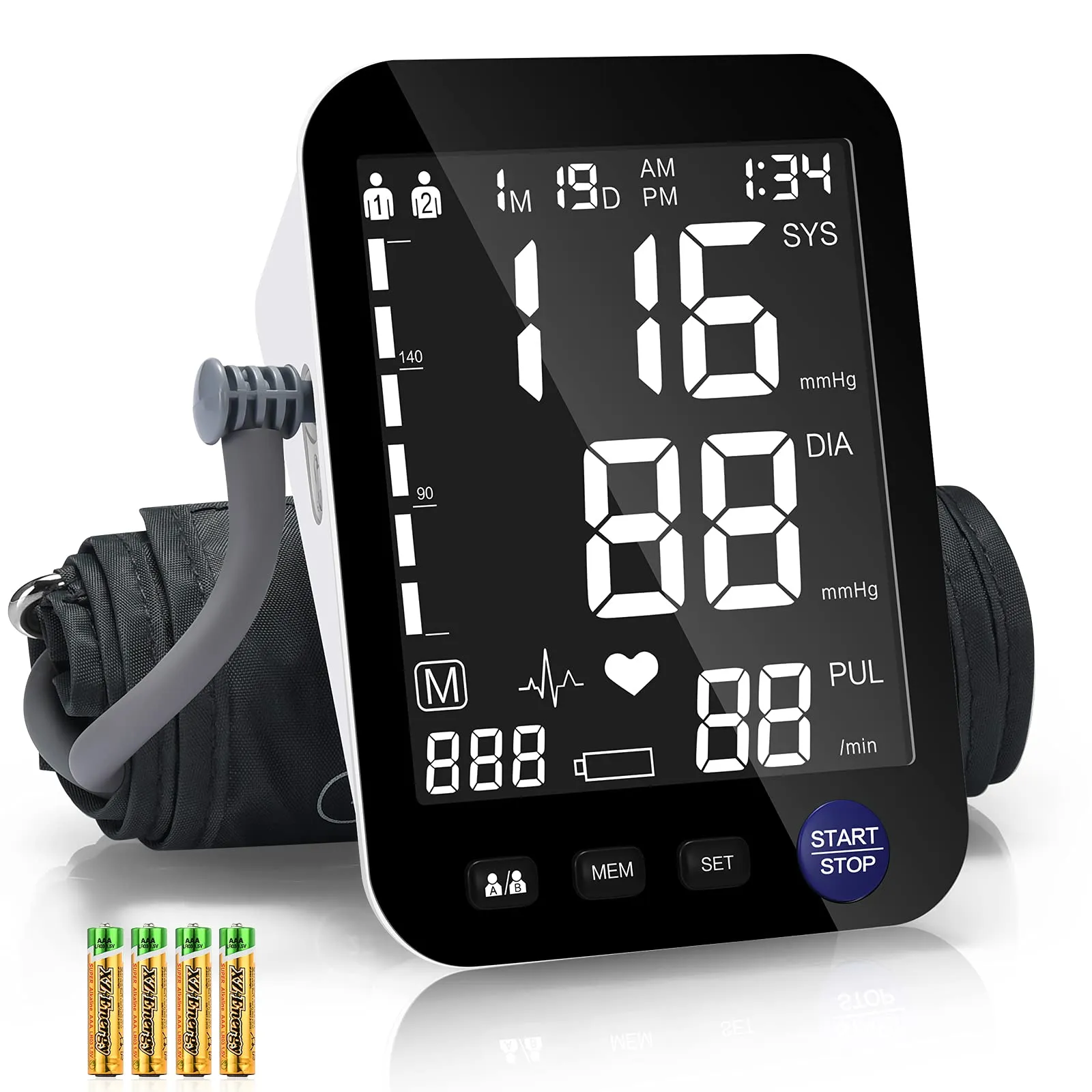 Blood Pressure Monitor Upper Arm, Heinstian Automatic Digital Bp Cuff Machine with Large LCD Screen, 2 Users & 3 Months Data Storage, Includes 4* AAA Batteries