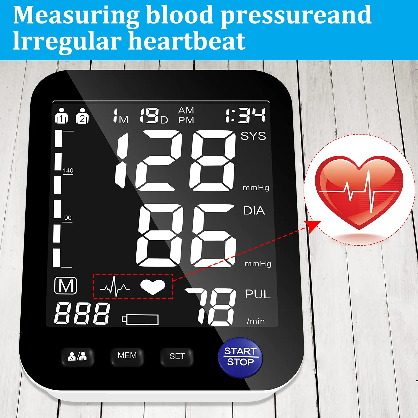 Blood Pressure Monitor Upper Arm, Heinstian Automatic Digital Bp Cuff Machine with Large LCD Screen, 2 Users & 3 Months Data Storage, Includes 4* AAA Batteries