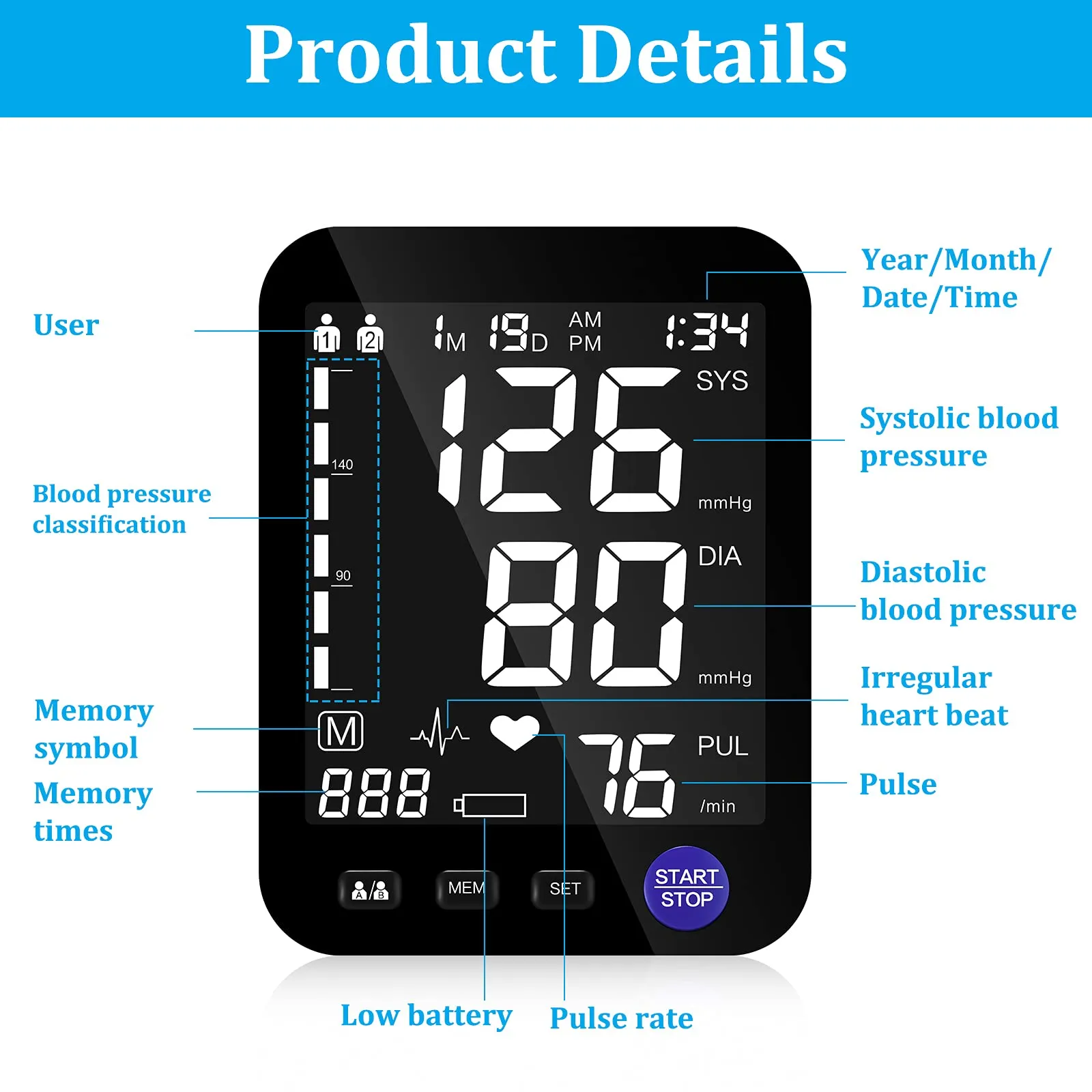 Blood Pressure Monitor Upper Arm, Heinstian Automatic Digital Bp Cuff Machine with Large LCD Screen, 2 Users & 3 Months Data Storage, Includes 4* AAA Batteries