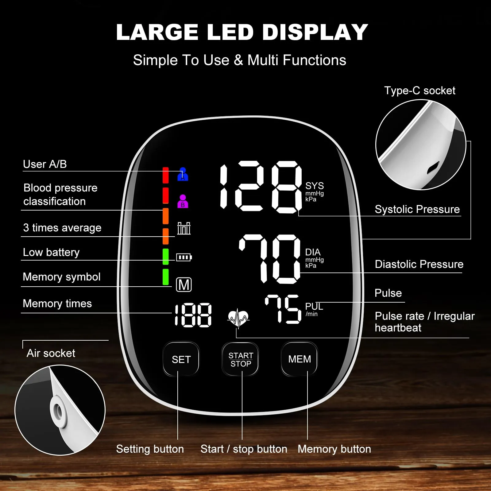 Blood Pressure Monitors for Home Use, 9-17'' & 13-21'' Extra Large Blood Pressure Cuff Upper Arm Blood Pressure Machine, 6 in Large LED Backlit Display, USB Cable & Batteries Included