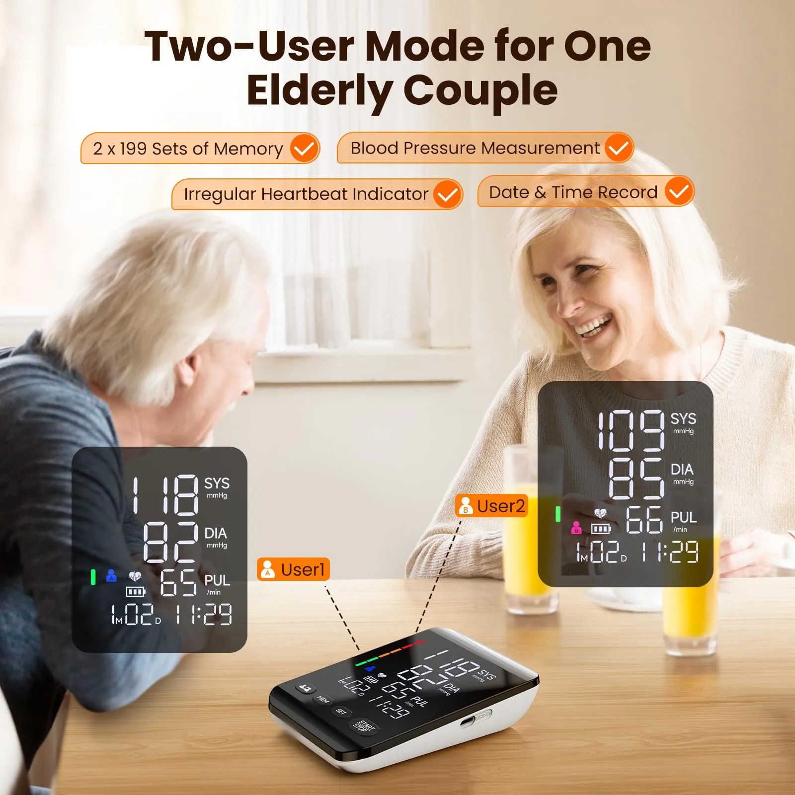 Blood Pressure Monitors for Home use, Digital Blood Pressure Machine with Backlit LED Display, Automatic Upper Arm Cuff (8.6''-16.5'' Adjustable), Store up to 2x199 Sets Memory for Two Users Black