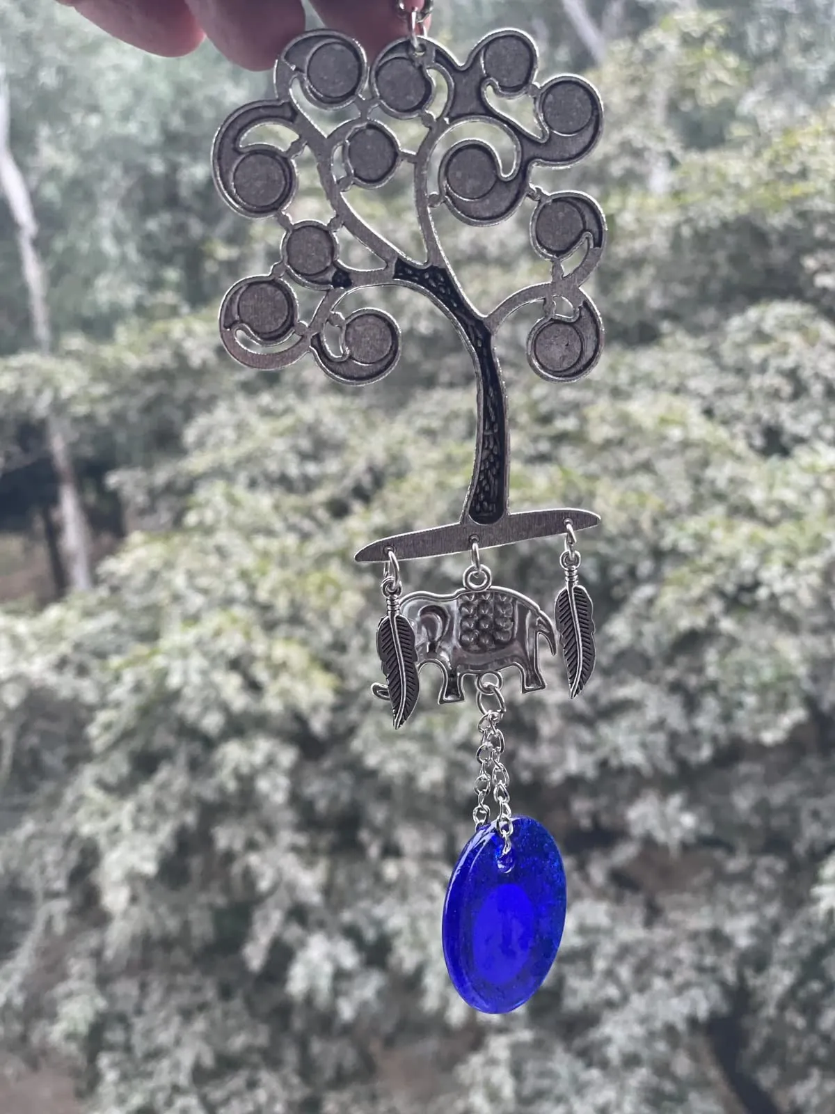 BLUE BEADS Home Decor Silver Evil Eye Wall Hanging Tree with Elephant Pendant Decoration, Door and Car Hanging Ornament Amulet for Car, Home and Office for Protection and Blessing