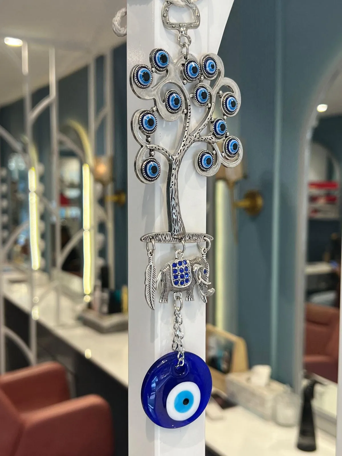 BLUE BEADS Home Decor Silver Evil Eye Wall Hanging Tree with Elephant Pendant Decoration, Door and Car Hanging Ornament Amulet for Car, Home and Office for Protection and Blessing