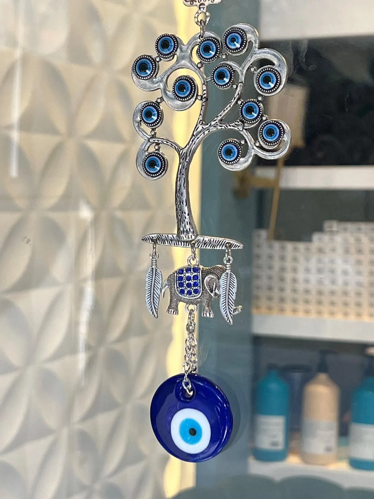BLUE BEADS Home Decor Silver Evil Eye Wall Hanging Tree with Elephant Pendant Decoration, Door and Car Hanging Ornament Amulet for Car, Home and Office for Protection and Blessing