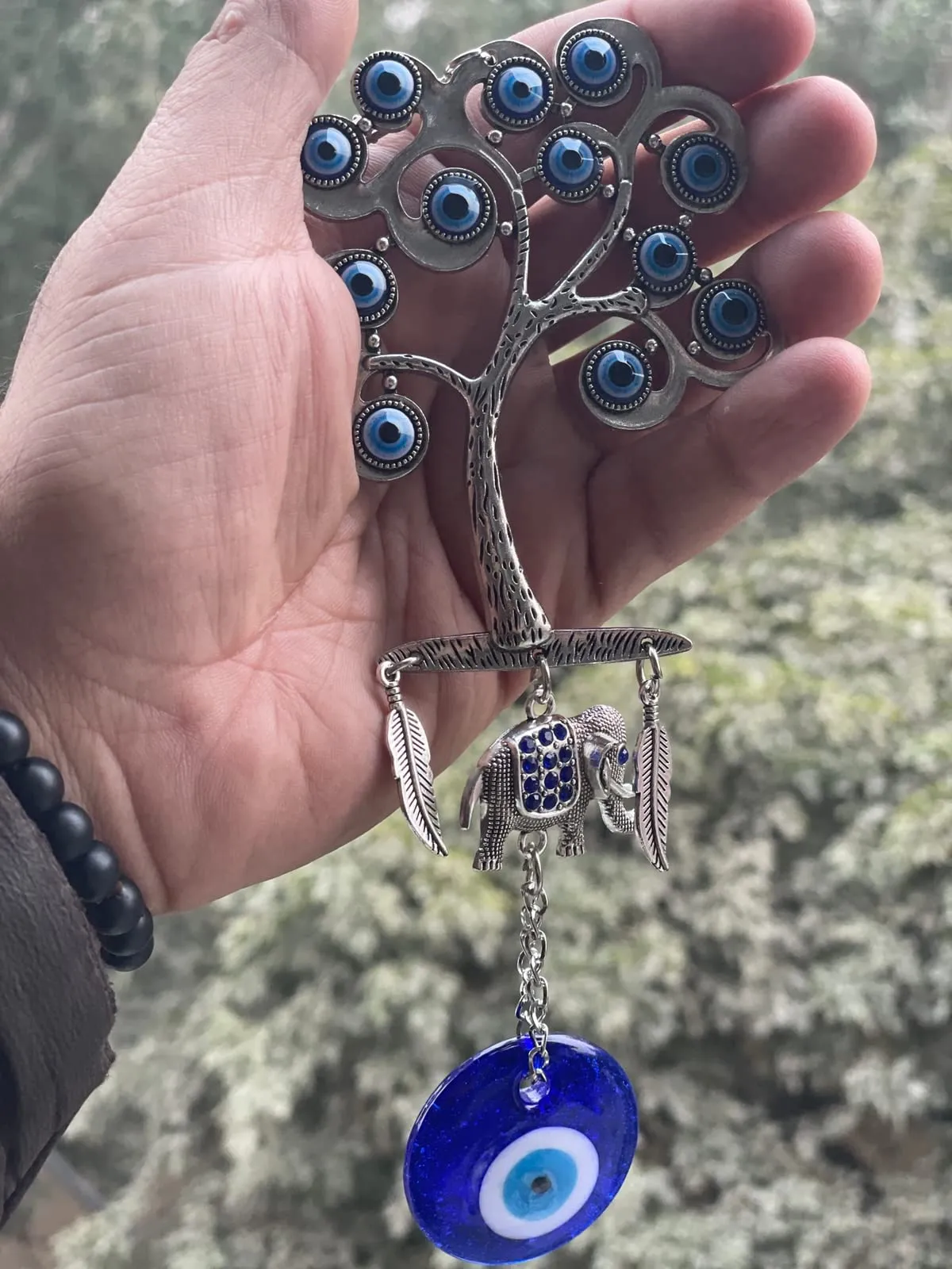 BLUE BEADS Home Decor Silver Evil Eye Wall Hanging Tree with Elephant Pendant Decoration, Door and Car Hanging Ornament Amulet for Car, Home and Office for Protection and Blessing